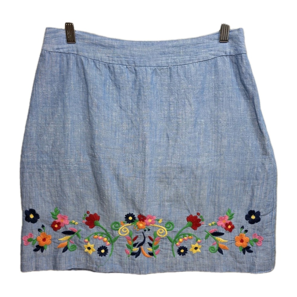 Talbots Floral Embroidered Linen Skirt Womens 2 Lined Short Boho Colorful Blue